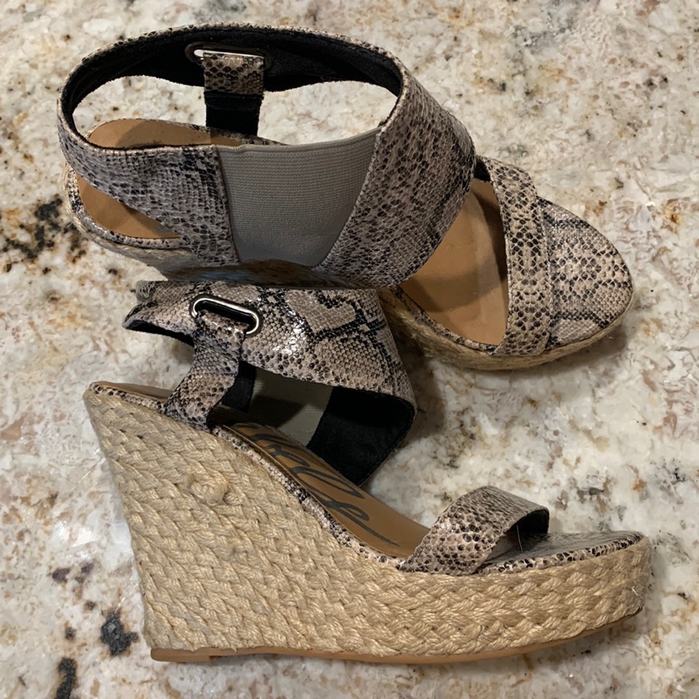 Snakeskin wedge heels